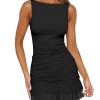 Women's Sexy Bodycon Boat Neck Mini Dresses Sleeveless Ruched Ruffle Hem Club Party Short Dress