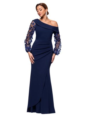 Women's Long Flower Ilusion Sleeve Off-The-Shoulder Scuba Crepe Gown