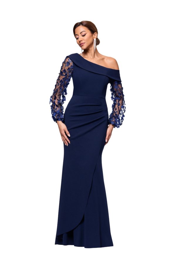 Women's Long Flower Ilusion Sleeve Off-The-Shoulder Scuba Crepe Gown
