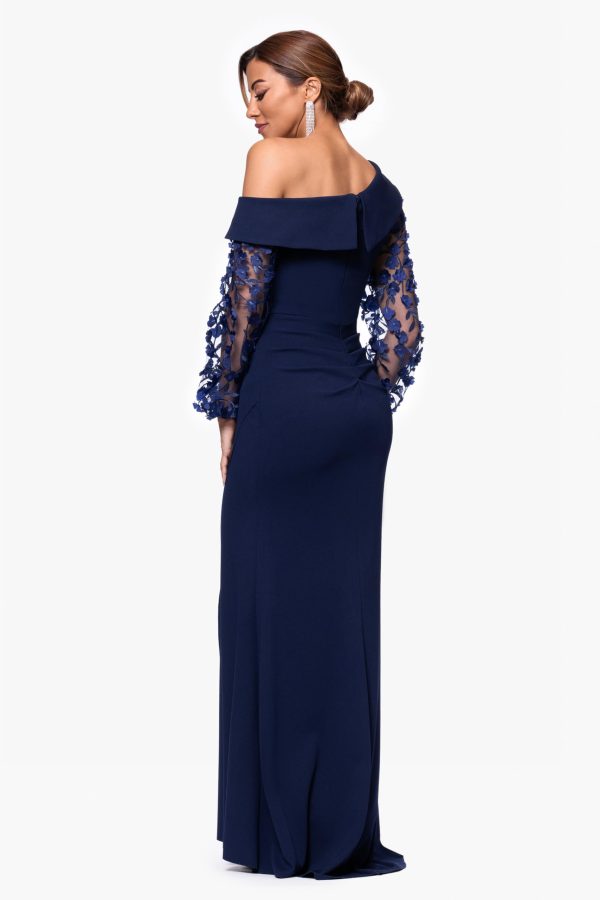 Women's Long Flower Ilusion Sleeve Off-The-Shoulder Scuba Crepe Gown