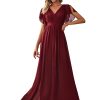 Women's Bridesmaid Dress V-Neck Ruffle Sleeves Ruched Bust Floor Length Chiffon Formal Dresses 0164A