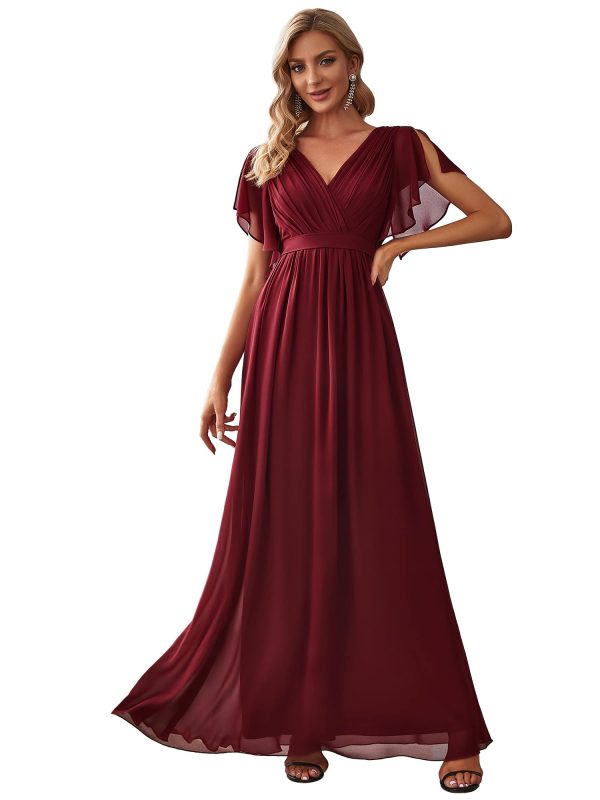 61qW2rMJpkL.jpg Women's Bridesmaid Dress V-Neck Ruffle Sleeves Ruched Bust Floor Length Chiffon Formal Dresses 0164A