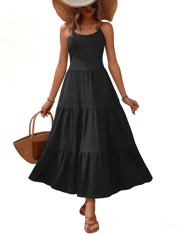 Womens Summer Long Dress Adjustable Spaghetti Strap Floral Casual Dress with Pockets Flowy Tiered Beach Sundress