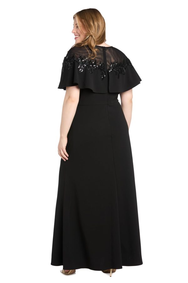 Long Stretch Dress W/Illusion Neckline Beaded Applique & Front Slit