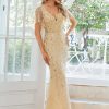Women's Ruffles Sleeves Sequin Embroidery Evening Mother of The Bride Dress 00692