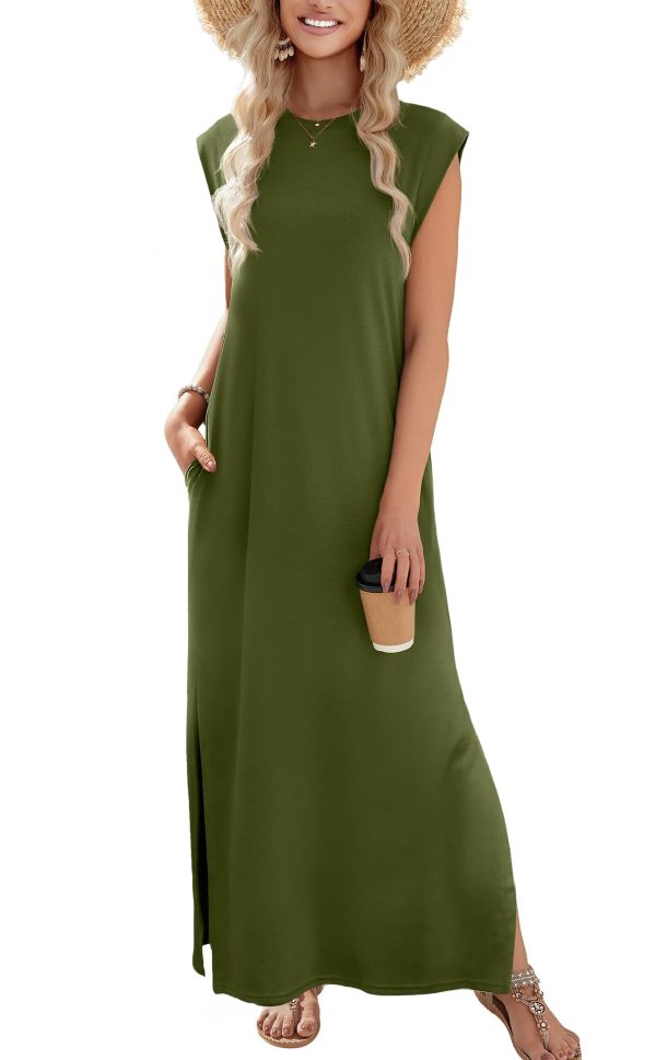 61td3KThFOL.jpg Maxi Dresses for Women 2025 Summer Casual Sleeveless Floral Sundress Long Split Dresses with Pockets Beach Vacation