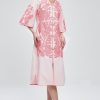 Women Casual V-Neck Mid Dress Floral Embroidery 3/4 Sleeves Spring Summer Tunic Dress Loose Zip Party Dress with Pocket