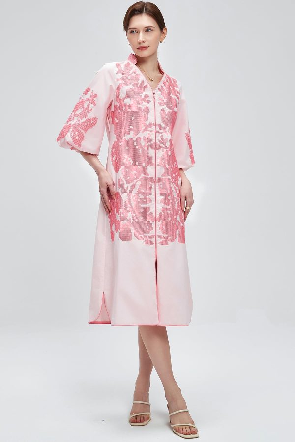 61w46Eady6L.jpg Women Casual V-Neck Mid Dress Floral Embroidery 3/4 Sleeves Spring Summer Tunic Dress Loose Zip Party Dress with Pocket