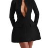 Women's Long Sleeve Sexy Deep V Neck Zipper A-line Mini Dress Hollow Bodycon Night Out Party Dress