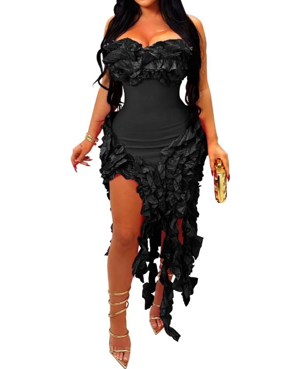 61xo32soEcL.jpg Women Sexy Strapless Ruffle Bodycon Dress Solid Color Fringe Slim Party Cocktail Bandage Dresses