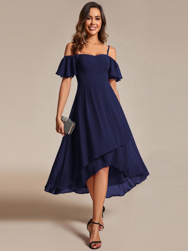 61zxlCtOFWL.jpg Women's Summer Cold Shoulder Hi-Lo Asymmetrical Hem Flowy Chiffon Short Wedding Guest Dress 02103