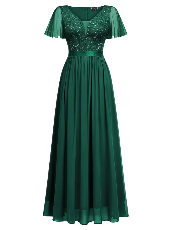 71-zGnN-BlL.jpg Women's Elegant Deep-V Neck Ruffle Tulle Sleeve Sequin Lace Formal Maxi Dress