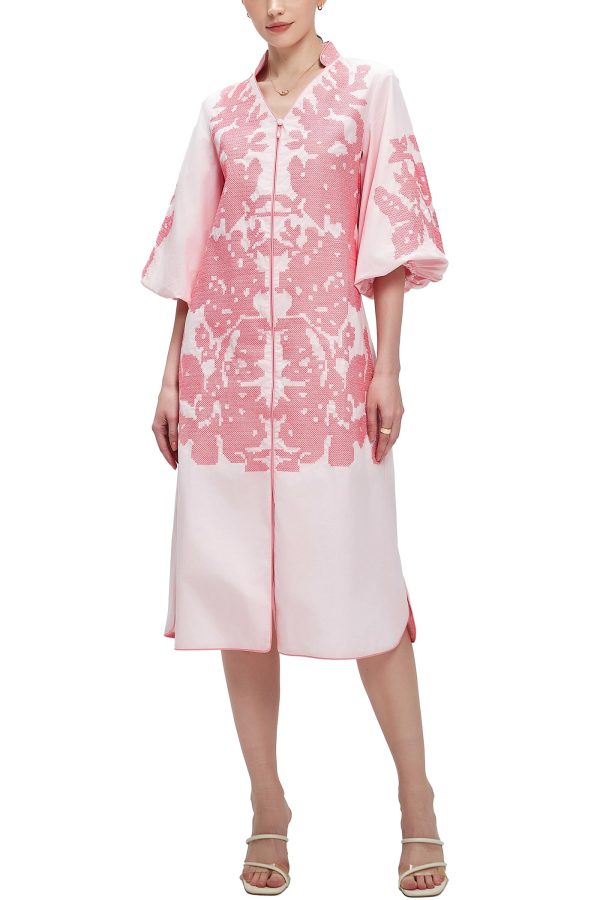 710-JENUJkL.jpg Women Casual V-Neck Mid Dress Floral Embroidery 3/4 Sleeves Spring Summer Tunic Dress Loose Zip Party Dress with Pocket