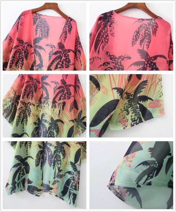 7107H1xEFyL.jpg Women Floral Leaf Kimono Summer Cardigan Sheer Loose Half Sleeve Beach Shawl Chiffon Cover Up Casual Blouse Tops