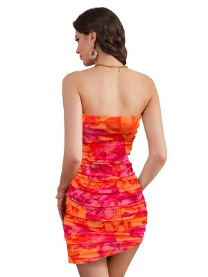 Women's Floral Mesh Strapless Ruched Tube Mini Dress Short Bodycon Dresses