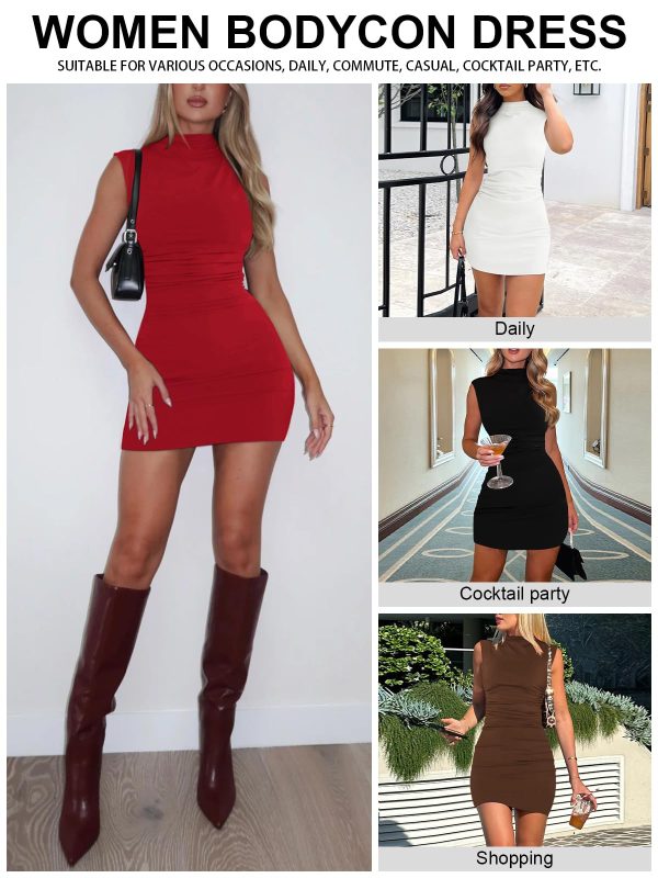 711VWbrSAmL.jpg Women's Sexy Summer Casual Mock Neck Sleeveless Bodycon Dresses Ruched Turtleneck Cocktail Party Mini Dress