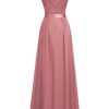Women's Elegant Floral Lace Formal V Neck Bridesmaid Party Dress