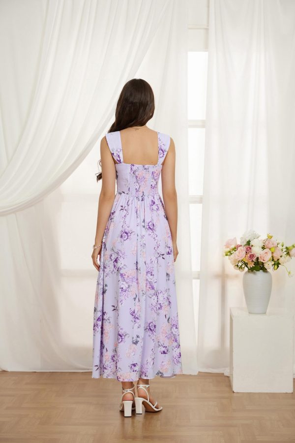 2025 Women's Summer Floral Print Flowy A Line Maxi Dresses Sleeveless Smocked Off Shoulder Dress