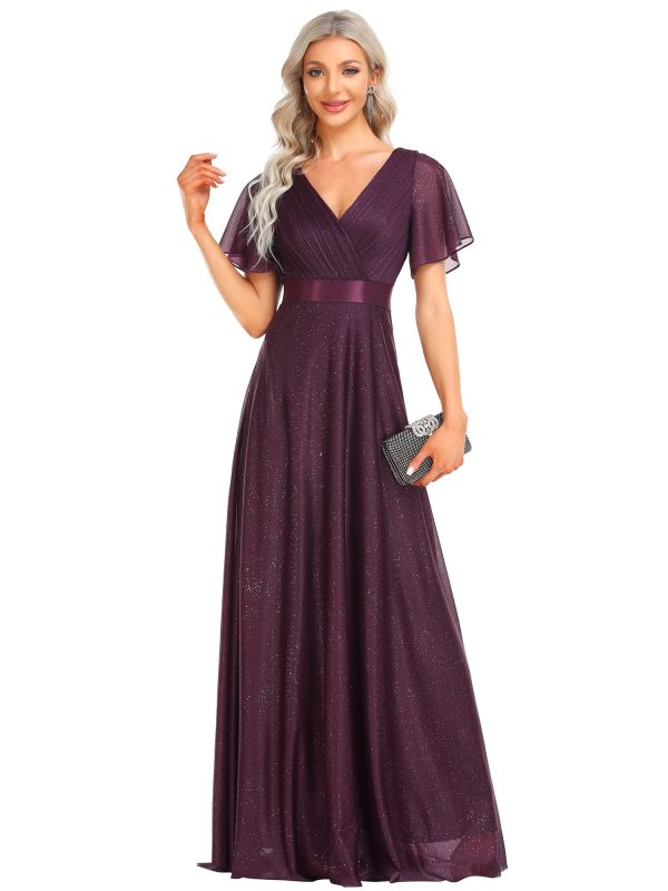 Womens Evening Dresses V Neck Short Sleeves A-line Glitter Formal Dresses 50159