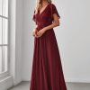 Women's Bridesmaid Dress V-Neck Ruffle Sleeves Ruched Bust Floor Length Chiffon Formal Dresses 0164A