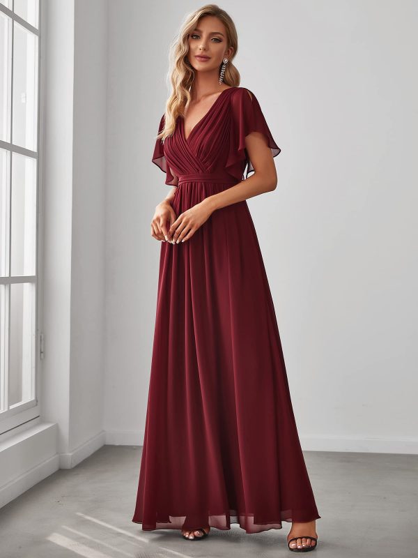 714z1ZH0RbL.jpg Women's Bridesmaid Dress V-Neck Ruffle Sleeves Ruched Bust Floor Length Chiffon Formal Dresses 0164A