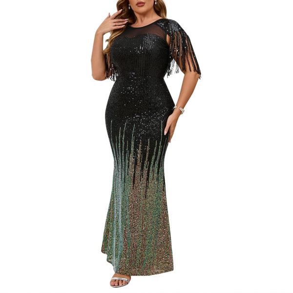 715Cou-I55L.jpg Sexy Sequin Tassel Mesh Perspective Party Cocktail Bodycon Evening Club Maxi Dress