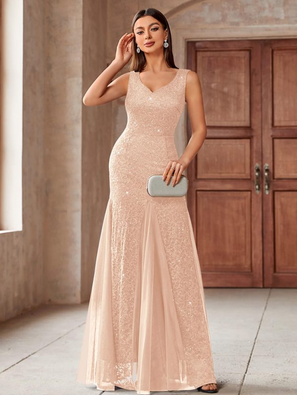 715QOjlH4gL.jpg Women's Elegant V Neck Sleeveless Sequin Lace Evening Party Dress