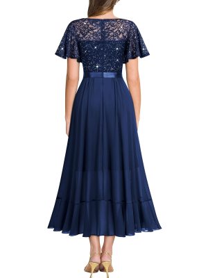 Women's Classy V-Neck Butterfly Sleeve Sequined Floral Lace Ruffle Split Bridesmaid Party Dress