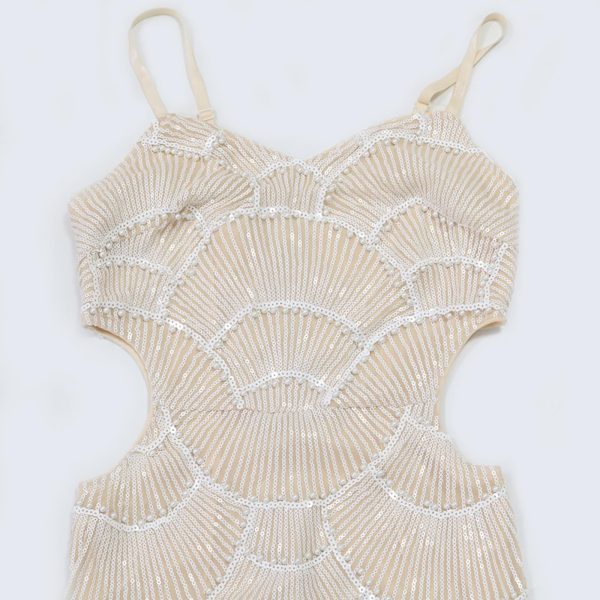 Women's Sexy Beaded Pearl Strap Bodycon Dress - Hollow Out Cutout Bandage Midi Dress for Club Party Cocktail Night