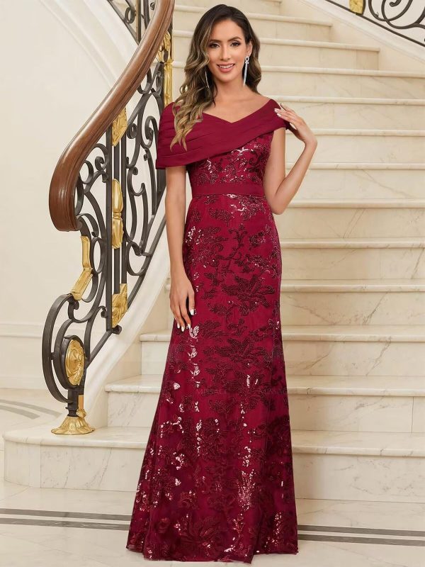 Sequin Mermaid Mother of The Bride Dresses for Women Chiffon Off Shoulder Ruched Long Formal Evening Gowns