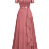 Women's Classy V-Neck Ruffle Floral Lace Hem Trim Sequined Maxi Bridesmaid Dress