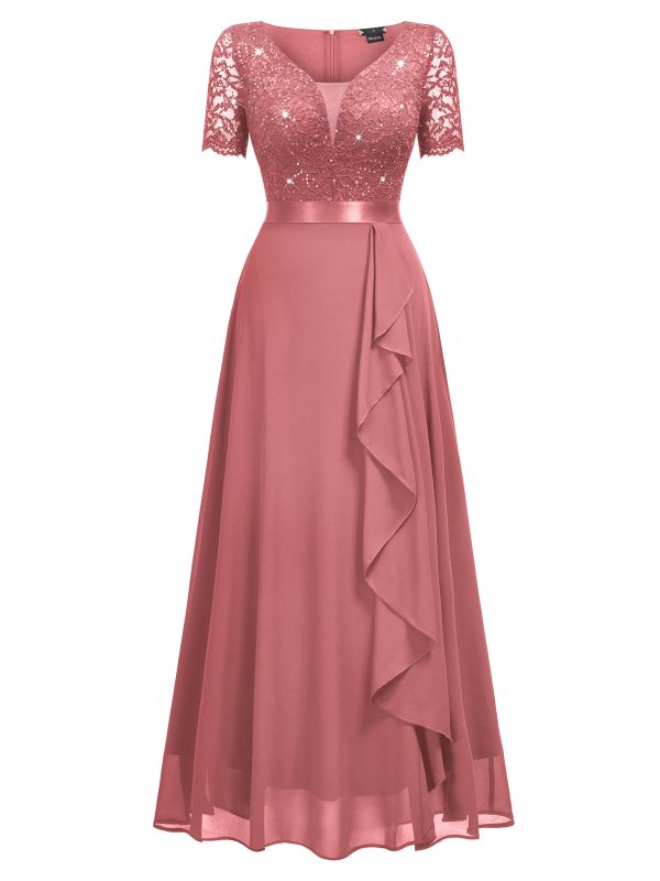 71AivJMqBrL.jpg Women's Classy V-Neck Ruffle Floral Lace Hem Trim Sequined Maxi Bridesmaid Dress