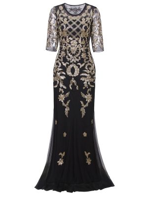 Vintage 1920s Long Wedding Prom Dresses 2/3 Sleeve Sequin Party Evening Gown
