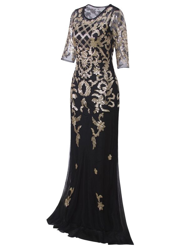 71BhcFDtVQL.jpg Vintage 1920s Long Wedding Prom Dresses 2/3 Sleeve Sequin Party Evening Gown