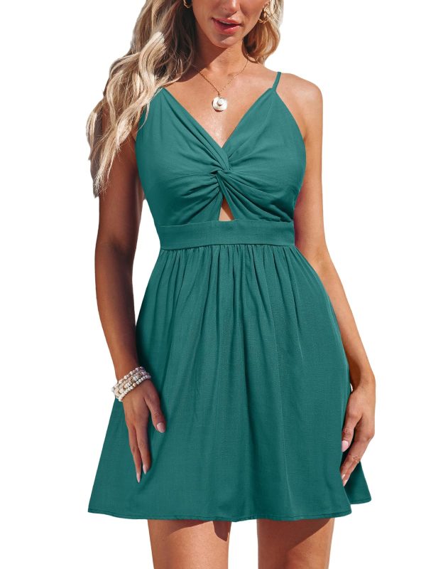 71BmqjaDEpL.jpg Women's Mini Dress Floral Twisted V Neck Sleeveless Short Dress Pleated Self Tie Back Mini Dress