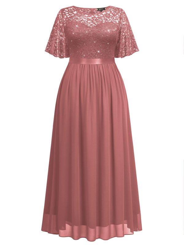 71BxtQKvkwL.jpg Women's Plus Size Sequin Lace Round Neck Butterfly Sleeves Formal Evening Maxi Dress