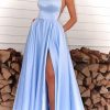 Satin Prom Dresses Long with Pockets Spaghetti Straps A Line Bridesmaid Dresses with Side Slit Ball Gown