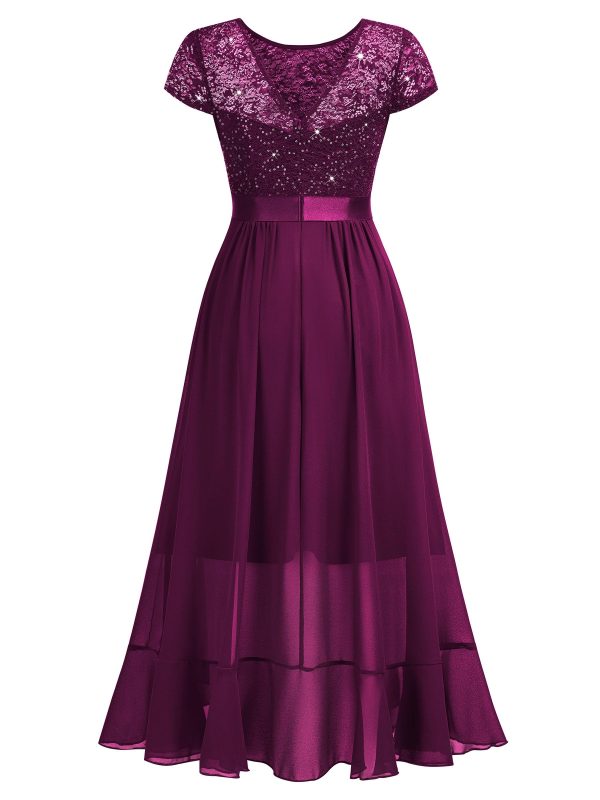 71EDFt2NsPL.jpg Women's Scoop Neck Sequined Floral Lace Ruffle Wedding Party Long Dress