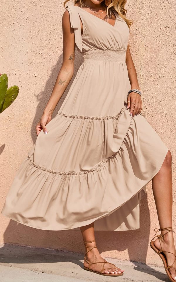 71ENFYvJfoL.jpg Women's Cross Neck Summer Sleeveless Tiered Maxi Dress Beach Tie Strap Smocked Long Dresses Pleated Sundress