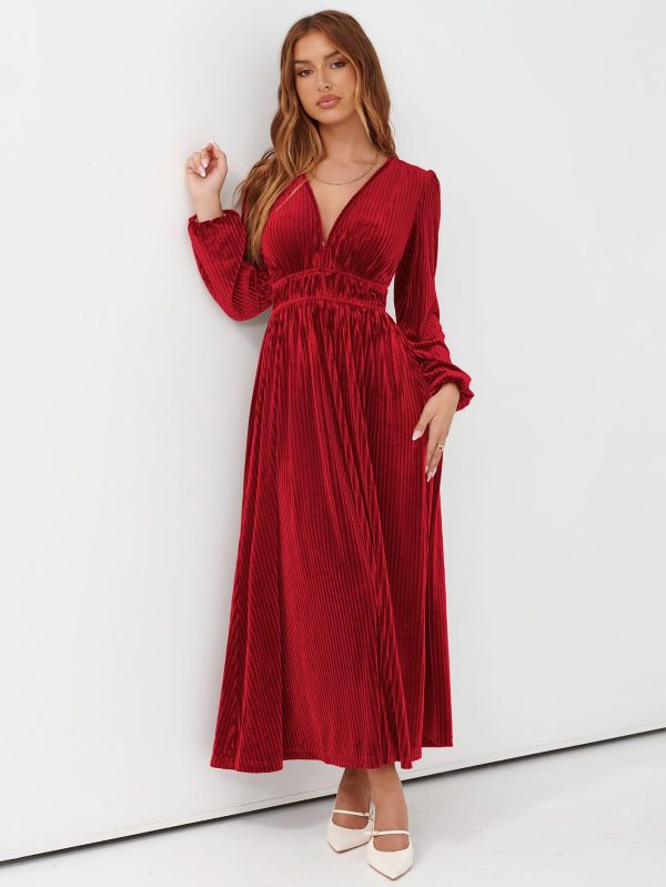 71EPa675tPL.jpg Women's Long Sleeve Velvet Dresses Fall Winter Long Dress Wedding Guest Party Maxi Dress