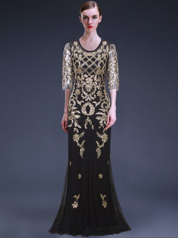 71EtN7EIedL.jpg Vintage 1920s Long Wedding Prom Dresses 2/3 Sleeve Sequin Party Evening Gown