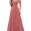 Women's Classy V-Neck Ruffle Floral Lace Hem Trim Sequined Maxi Bridesmaid Dress
