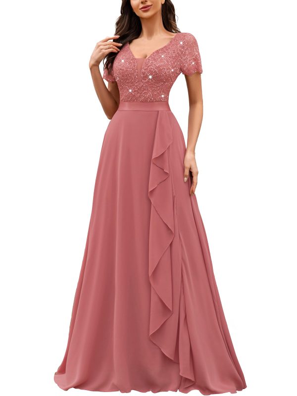 71F1ouIpELL.jpg Women's Classy V-Neck Ruffle Floral Lace Hem Trim Sequined Maxi Bridesmaid Dress