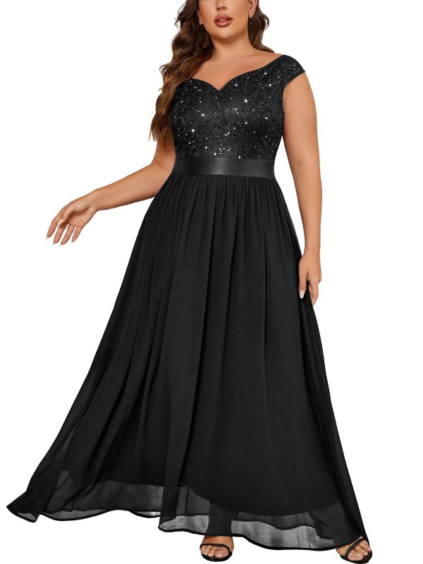 71Fd75s7a8L.jpg Women's Plus Size Elegant Lace Contrast Sequin V-Neck Floral Formal Evening Party Maxi Dress