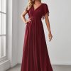 Women's Bridesmaid Dress V-Neck Ruffle Sleeves Ruched Bust Floor Length Chiffon Formal Dresses 0164A