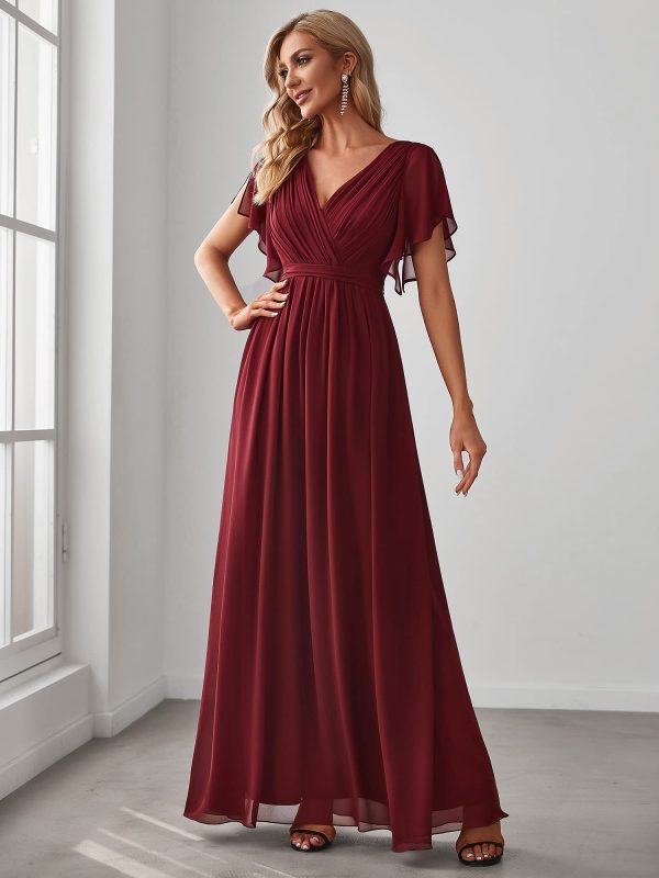 71Fytm7Mt2L.jpg Women's Bridesmaid Dress V-Neck Ruffle Sleeves Ruched Bust Floor Length Chiffon Formal Dresses 0164A