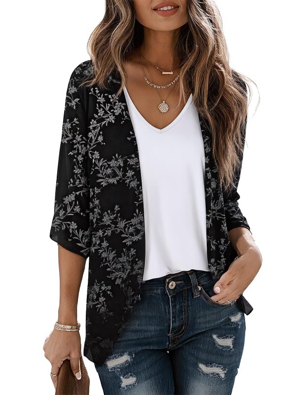 71G-lEAyy1L.jpg Women Lightweight Chiffon Cardigan Puff Sleeve Loose Beach Wear Cover Up Blouse Top