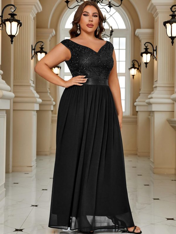 71G4Sqt6ZwL.jpg Women's Plus Size Elegant Lace Contrast Sequin V-Neck Floral Formal Evening Party Maxi Dress