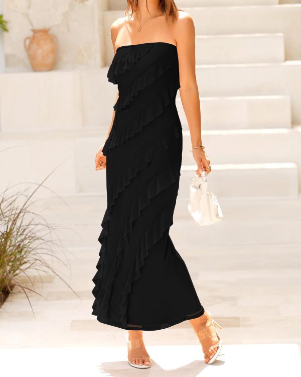 71G5PxmJ23L.jpg Women Summer Elegant Strapless Midi Ruched Bodycon Dress Solid Color Stretch Mesh Slim Party Cocktail Dresses