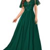 Women's Elegant Deep-V Neck Ruffle Tulle Sleeve Sequin Lace Formal Maxi Dress